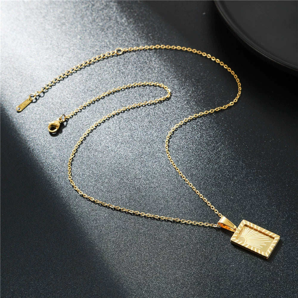 Stainless Steel Constellation Square Sun Moon Pendant O Chain Necklace Electroplated Jewelry - Image 2
