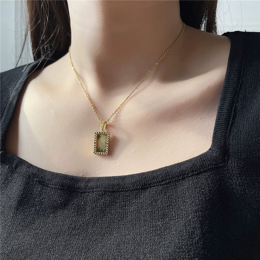 Stainless Steel Constellation Square Sun Moon Pendant O Chain Necklace Electroplated Jewelry - Image 3