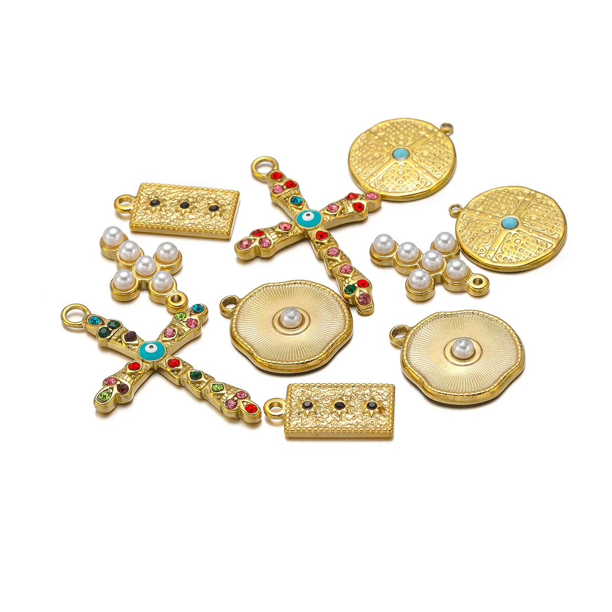 Stainless Steel Cross Disc Inlaid Pearl Pendant Jewelry Accessories With Electroplating - Image 5