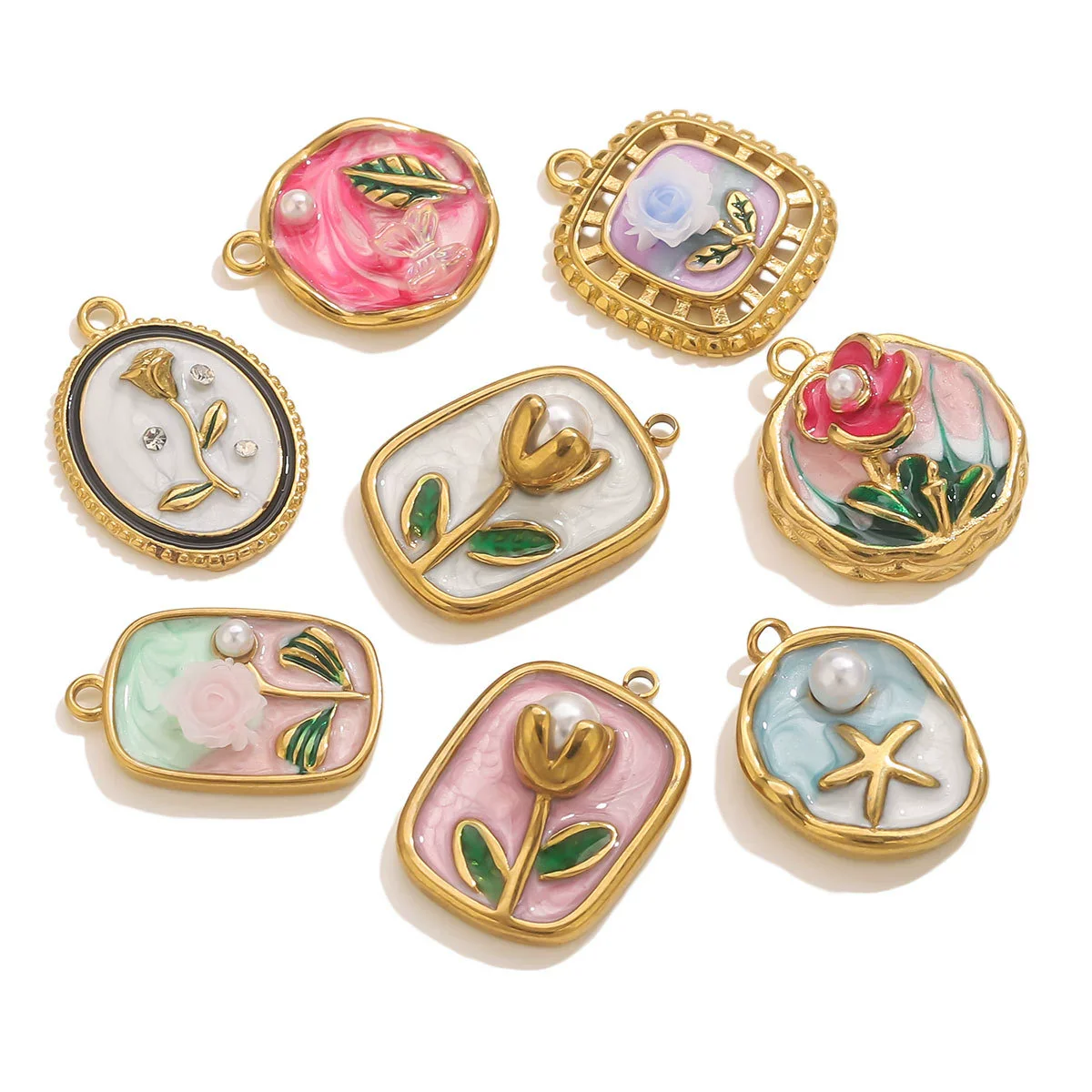 Stainless Steel Dripping Oil Round Square Flower Pendant Jewelry Accessories