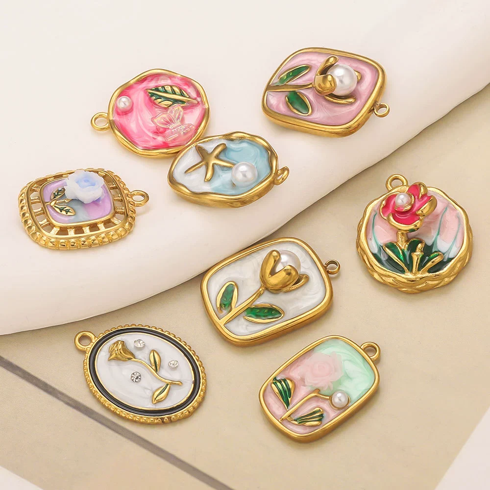 Stainless Steel Dripping Oil Round Square Flower Pendant Jewelry Accessories - Image 4