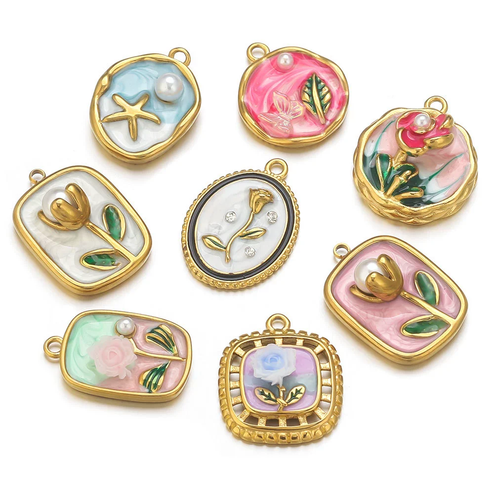 Stainless Steel Dripping Oil Round Square Flower Pendant Jewelry Accessories - Image 5