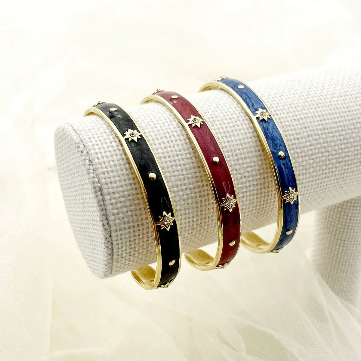 Stainless Steel Enamel Oildrip Diamondencrusted Eightpointed Star Adjustable Open Bracelet With Electroplating