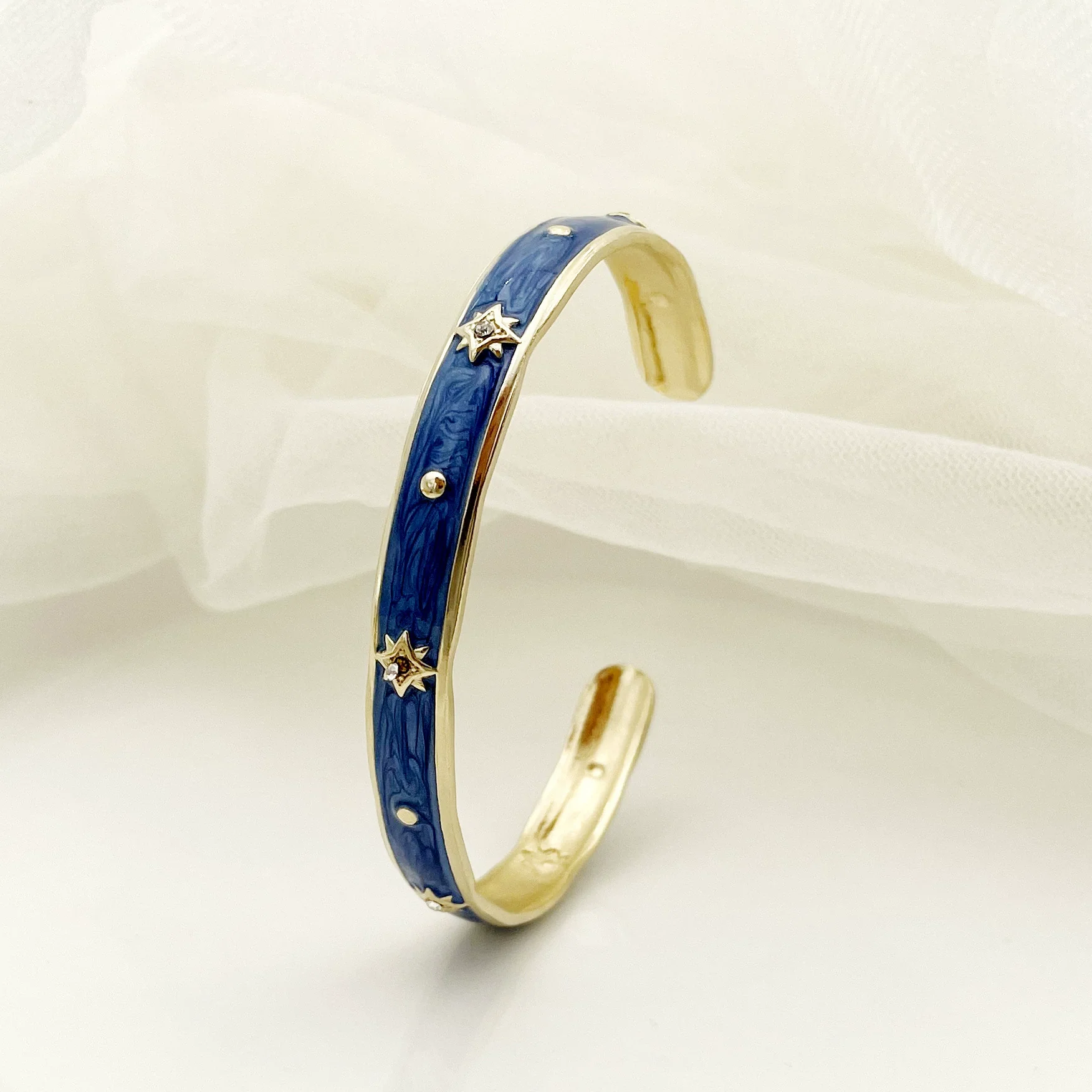 Stainless Steel Enamel Oildrip Diamondencrusted Eightpointed Star Adjustable Open Bracelet With Electroplating - Image 7