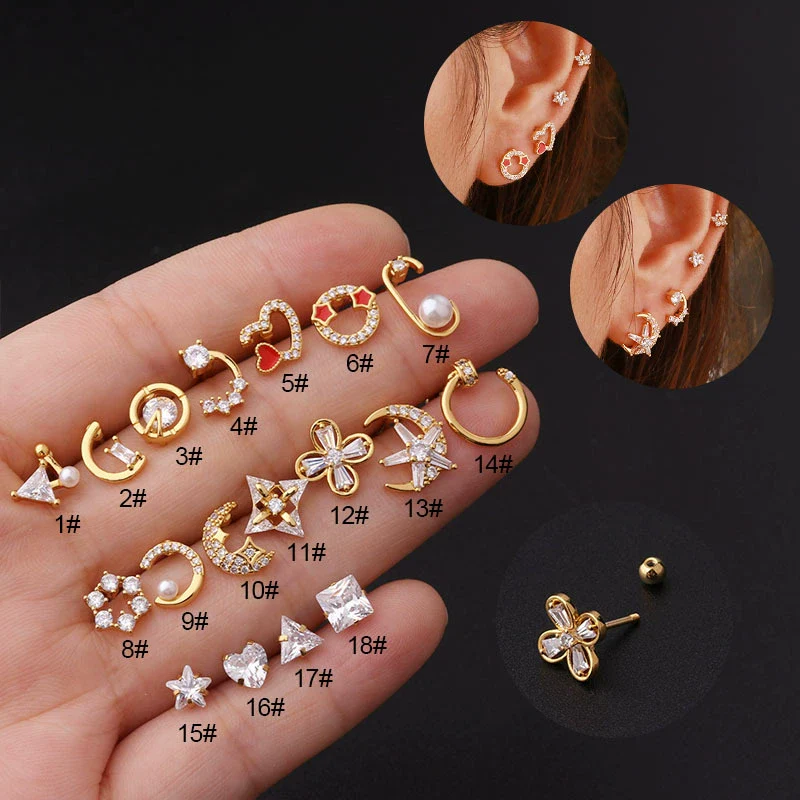 Stainless Steel Fashion Geometric Electroplated Zircon Ear Bone Puncture Earrings For Women