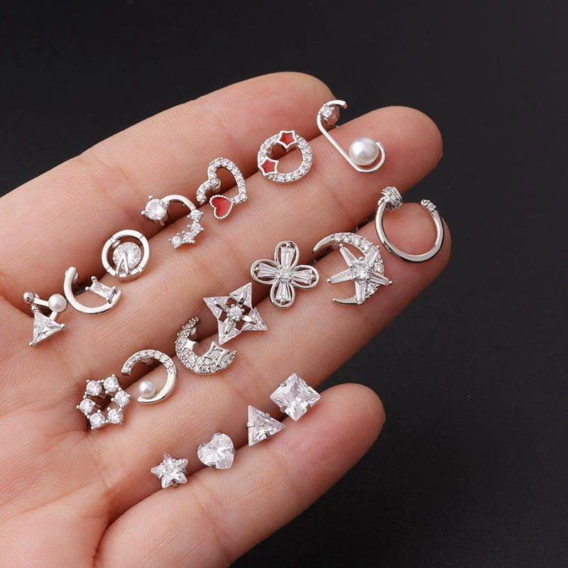 Stainless Steel Fashion Geometric Electroplated Zircon Ear Bone Puncture Earrings For Women - Image 2
