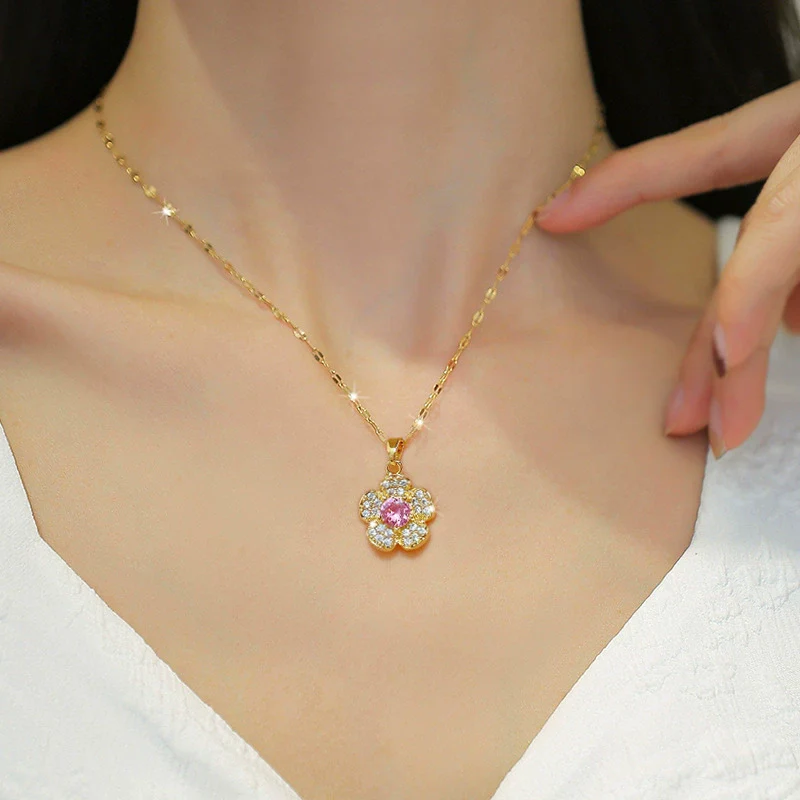 Stainless Steel Flower Geometric Microset Diamond Women's Necklace Cartoon Elegant Light Luxury Clavicle Chain Accessories - Image 2