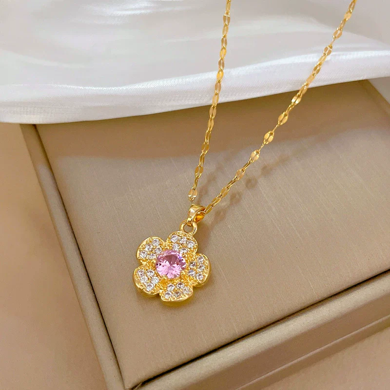 Stainless Steel Flower Geometric Microset Diamond Women's Necklace Cartoon Elegant Light Luxury Clavicle Chain Accessories - Image 3