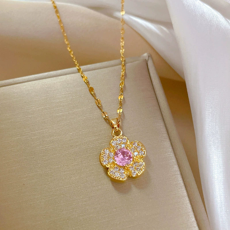 Stainless Steel Flower Geometric Microset Diamond Women's Necklace Cartoon Elegant Light Luxury Clavicle Chain Accessories - Image 4