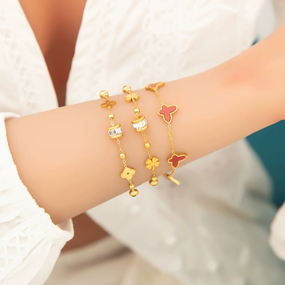 Stainless Steel Fourleaf Clover Gemstone Pendant Bracelet Electroplated Women's Jewelry Simple Style