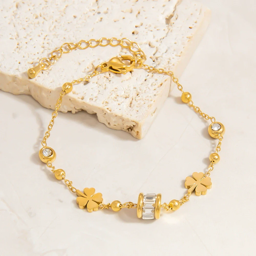 Stainless Steel Fourleaf Clover Gemstone Pendant Bracelet Electroplated Women's Jewelry Simple Style - Image 4