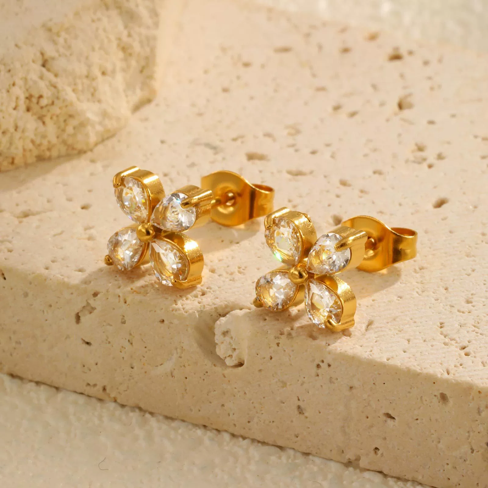 Stainless Steel Fourpetal Flower Earrings For Women Electroplated Jewelry