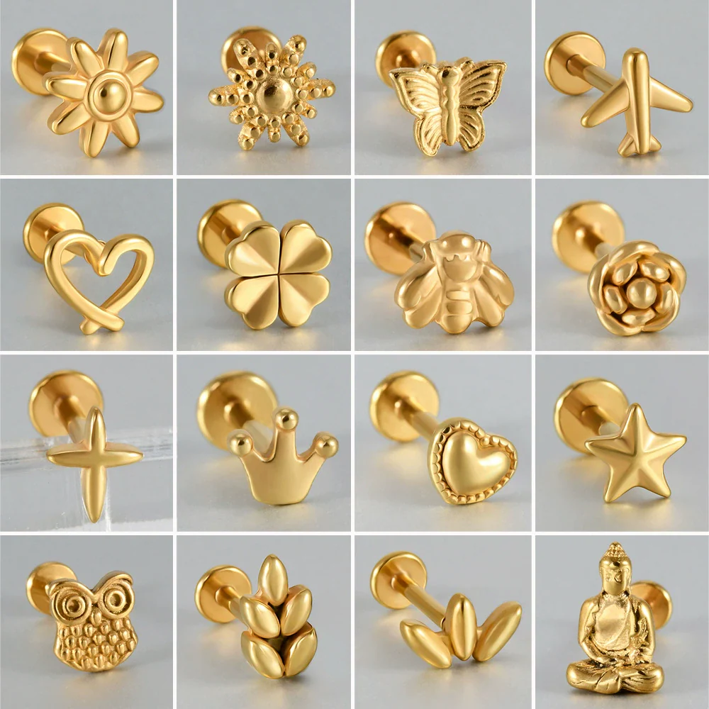 Stainless Steel Geometric Butterfly Love Lip Nail Four Leaf Clover Star Inner Teeth T Shaped Puncture Earrings Electroplated - Image 2