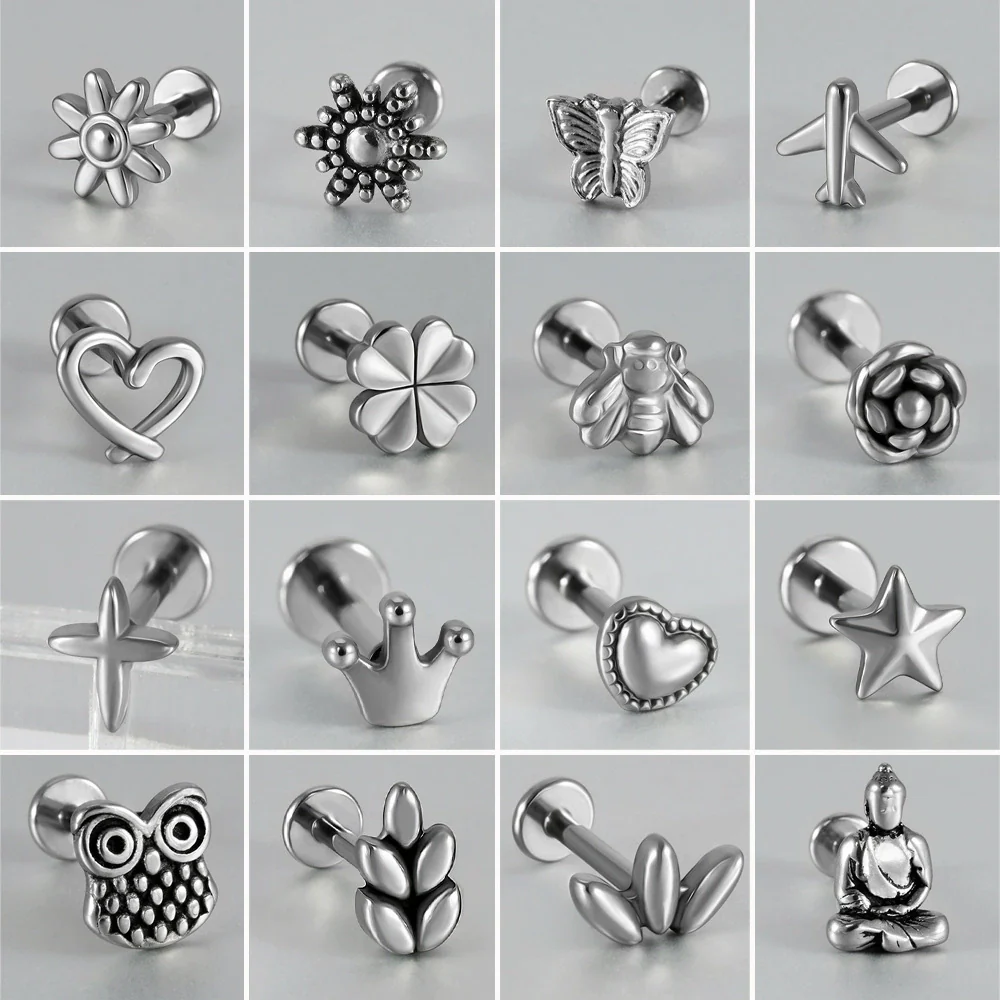 Stainless Steel Geometric Butterfly Love Lip Nail Four Leaf Clover Star Inner Teeth T Shaped Puncture Earrings Electroplated - Image 3