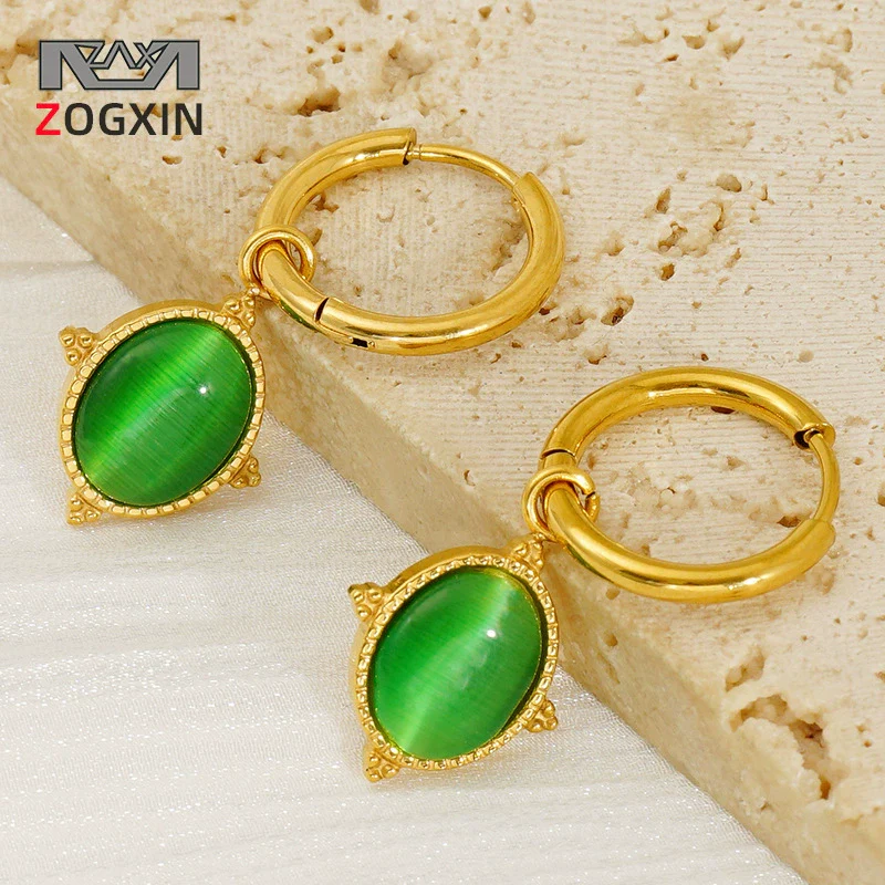 316L Stainless Steel Geometric Cat's Eye Earrings For Women With Electroplating And French Retro Style
