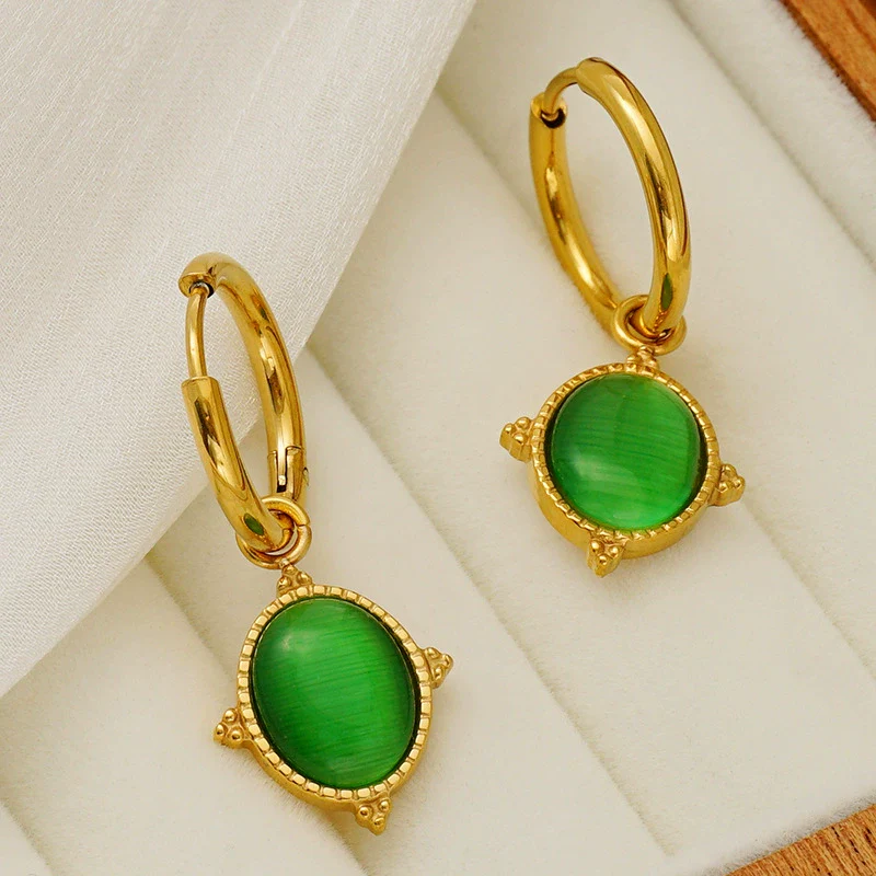 316L Stainless Steel Geometric Cat's Eye Earrings For Women With Electroplating And French Retro Style - Image 3