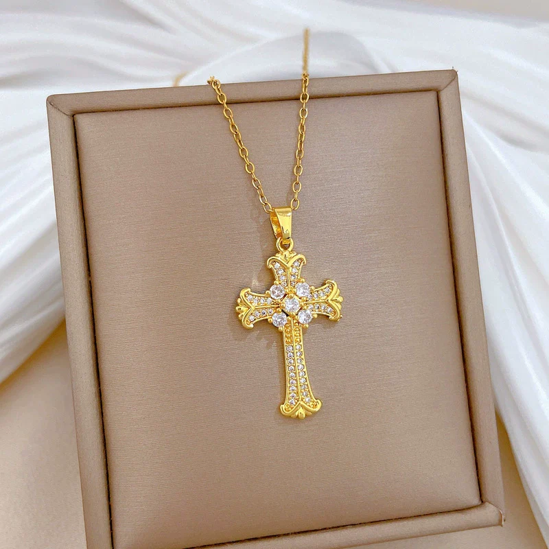 Stainless Steel Geometric Cross Diamond Necklace Unisex - Image 3