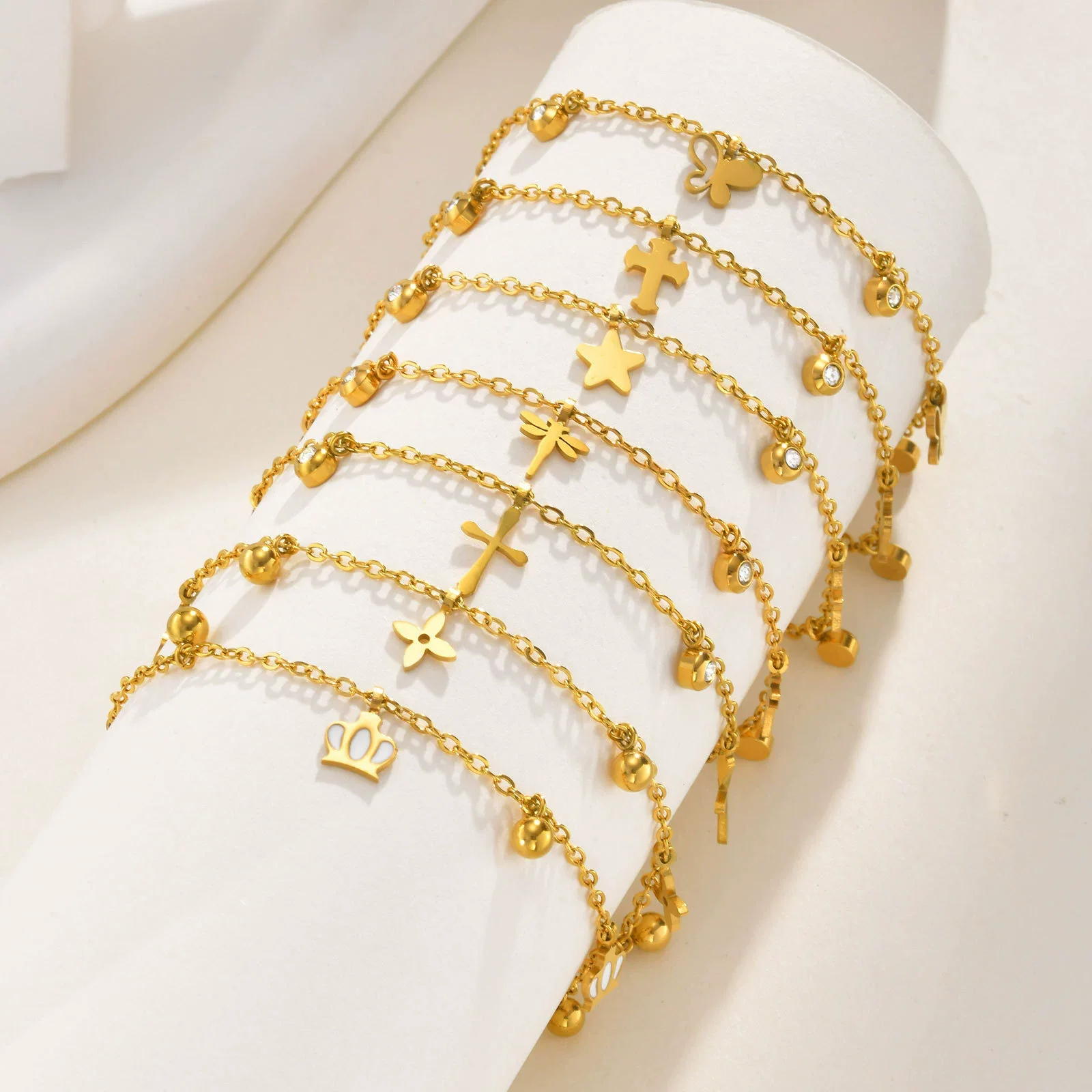 Stainless Steel Geometric Crown Butterfly Cross Ball Bead Zircon Anklet For Women
