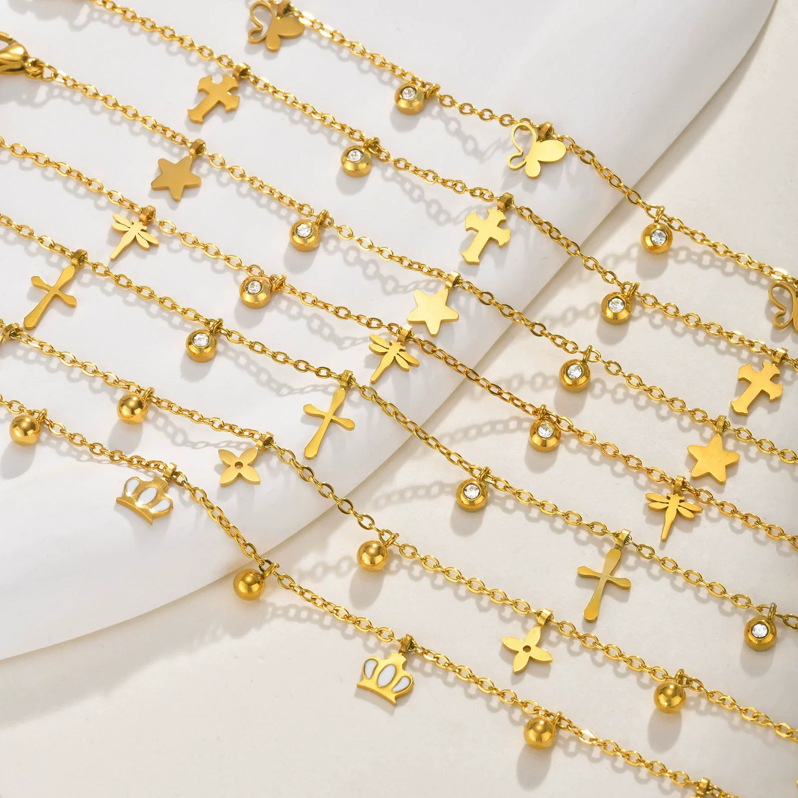 Stainless Steel Geometric Crown Butterfly Cross Ball Bead Zircon Anklet For Women - Image 2