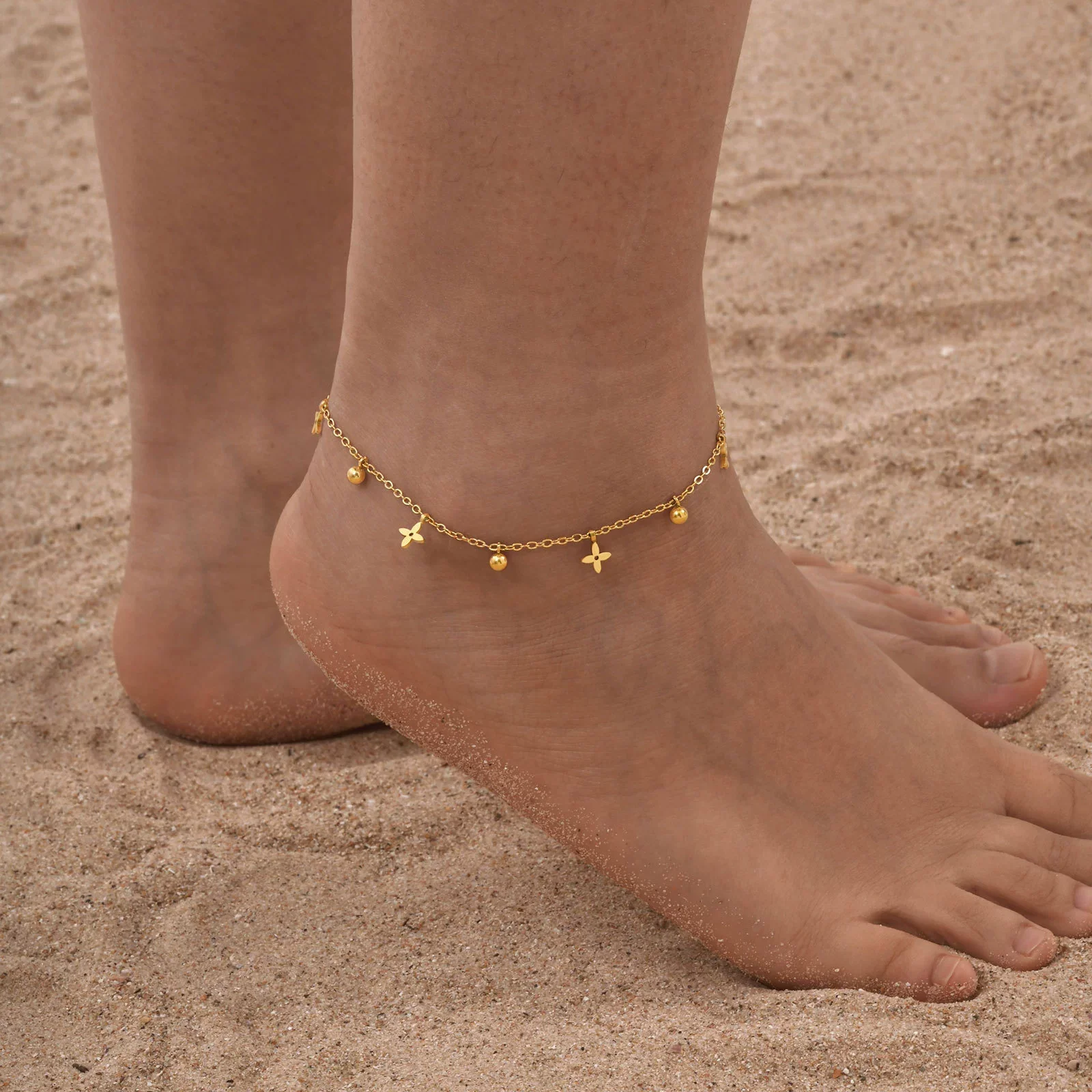 Stainless Steel Geometric Crown Butterfly Cross Ball Bead Zircon Anklet For Women - Image 4