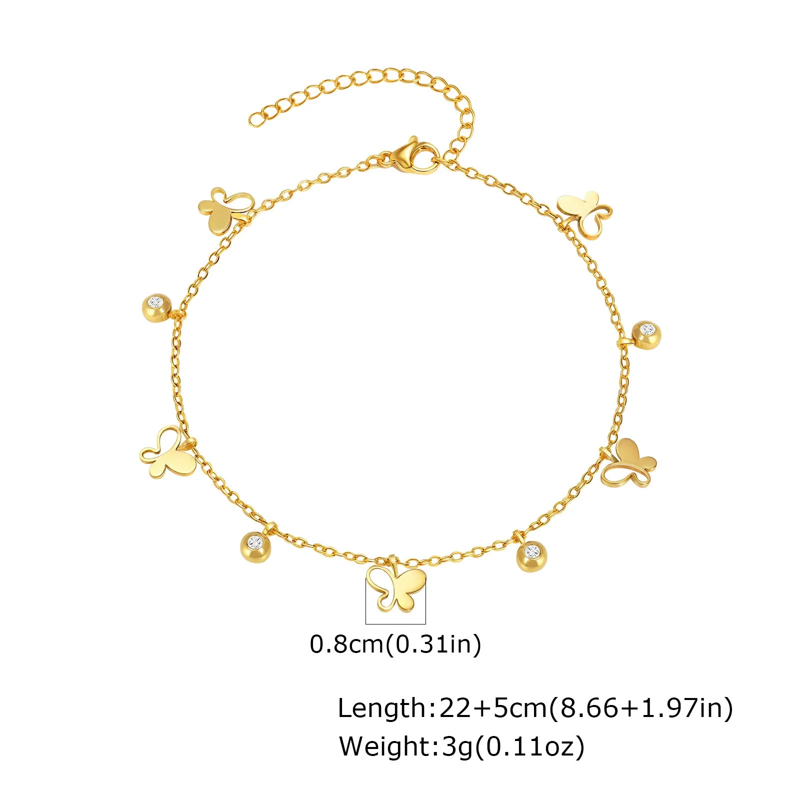 Stainless Steel Geometric Crown Butterfly Cross Ball Bead Zircon Anklet For Women - Image 7