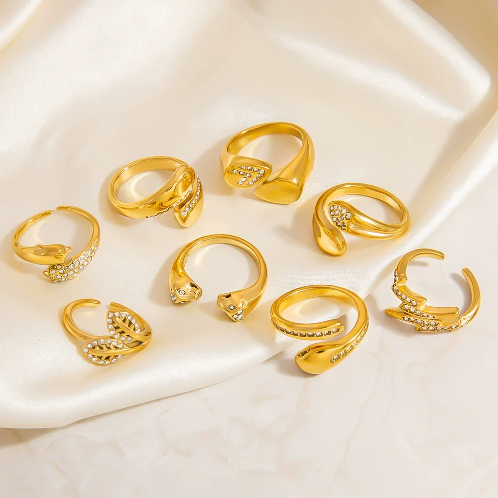 Stainless Steel Geometric Open Ring Jewelry Electroplated With Bright Stone And 18K Gold Colorpreserving Feature