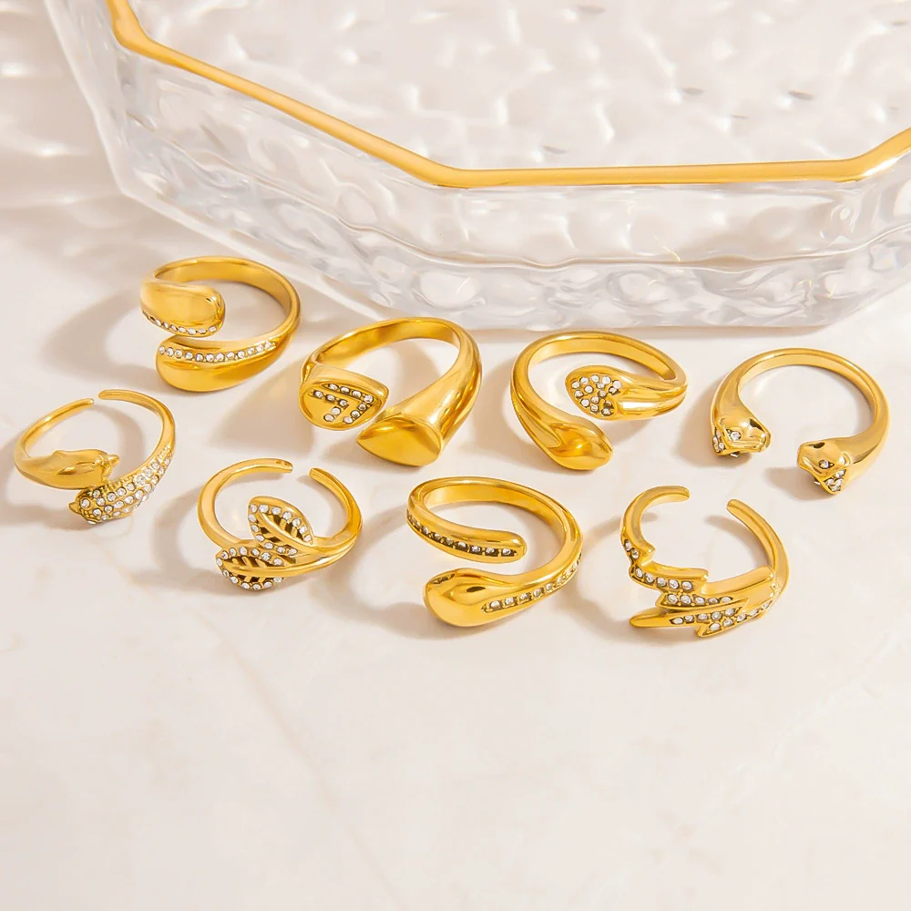 Stainless Steel Geometric Open Ring Jewelry Electroplated With Bright Stone And 18K Gold Colorpreserving Feature - Image 2