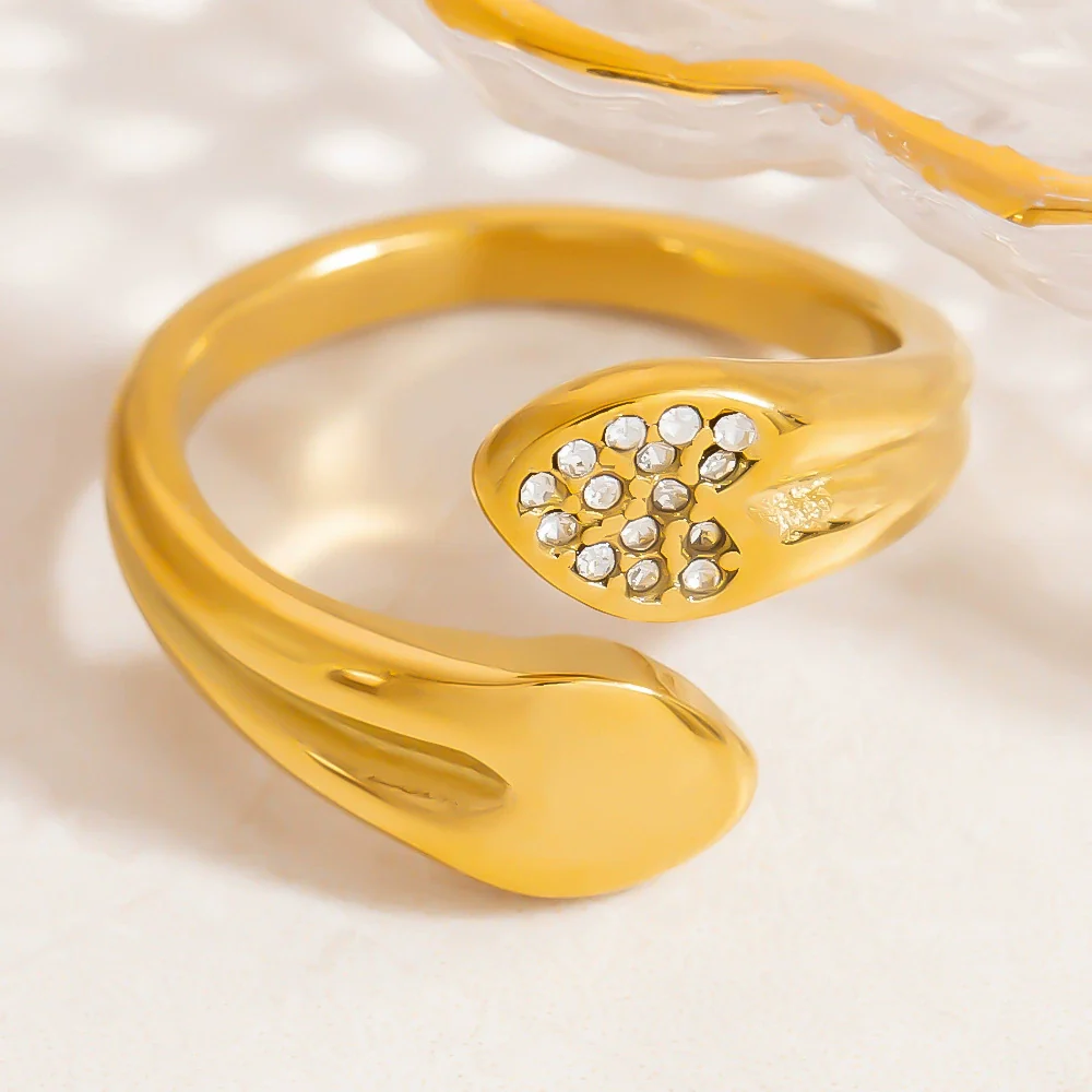 Stainless Steel Geometric Open Ring Jewelry Electroplated With Bright Stone And 18K Gold Colorpreserving Feature - Image 3