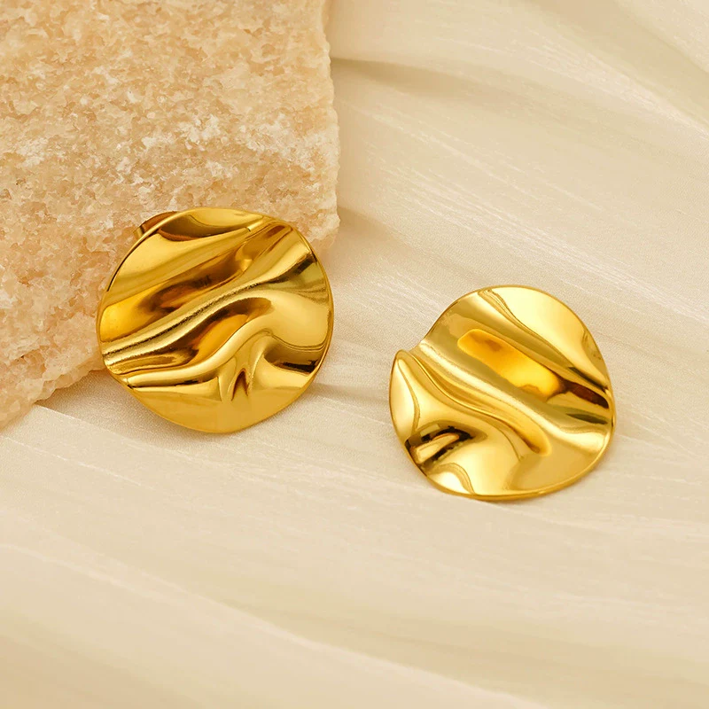 316L Stainless Steel Geometric Pleated Irregular Vacuum 18K Gold Plated Electroplated Women's Earrings - Image 2