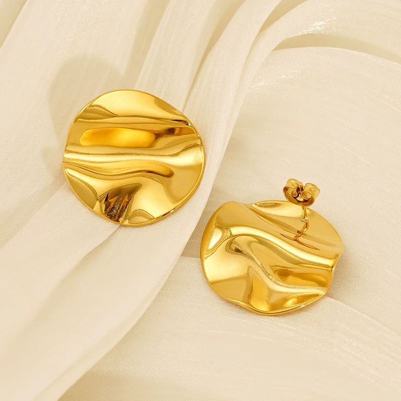 316L Stainless Steel Geometric Pleated Irregular Vacuum 18K Gold Plated Electroplated Women's Earrings - Image 4
