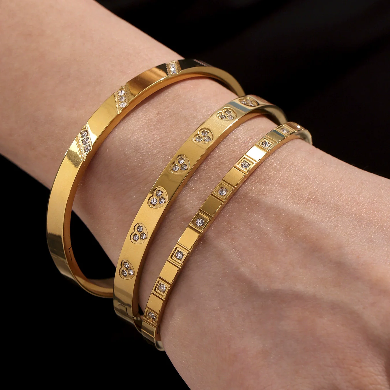 Stainless Steel Geometric Ring And Bracelet Combination Inlaid With Zircon Electroplated - Image 2