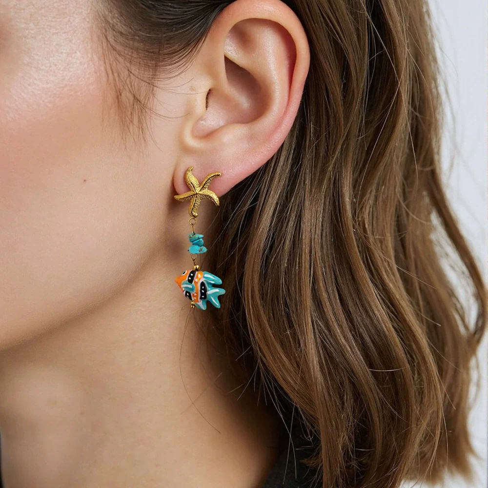 Stainless Steel Geometric Women's Earrings With Electroplating Marine Series Small Fish Shell Jewelry Pendants Light Luxury Style