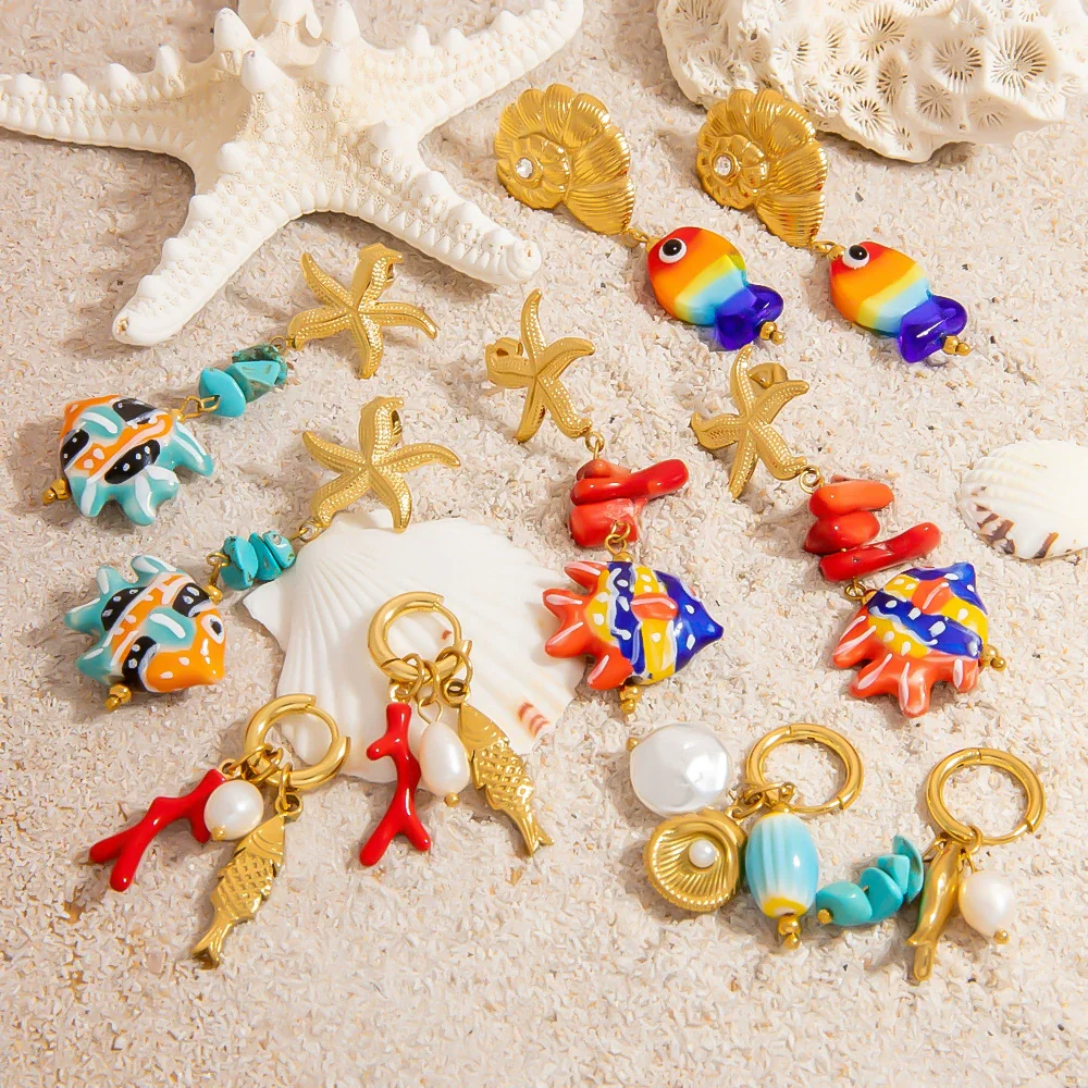 Stainless Steel Geometric Women's Earrings With Electroplating Marine Series Small Fish Shell Jewelry Pendants Light Luxury Style - Image 2