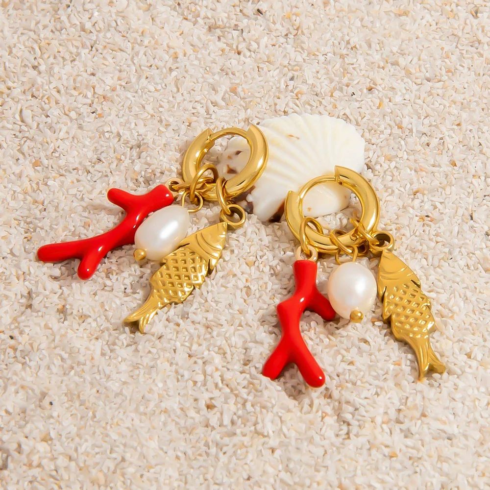Stainless Steel Geometric Women's Earrings With Electroplating Marine Series Small Fish Shell Jewelry Pendants Light Luxury Style - Image 4