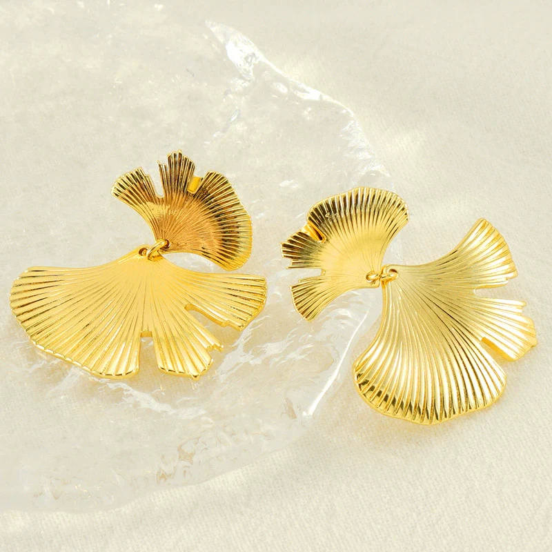 316L Stainless Steel Ginkgo Leaf Women's Exaggerated Highend Fashion Electroplated Geometric Earrings - Image 2