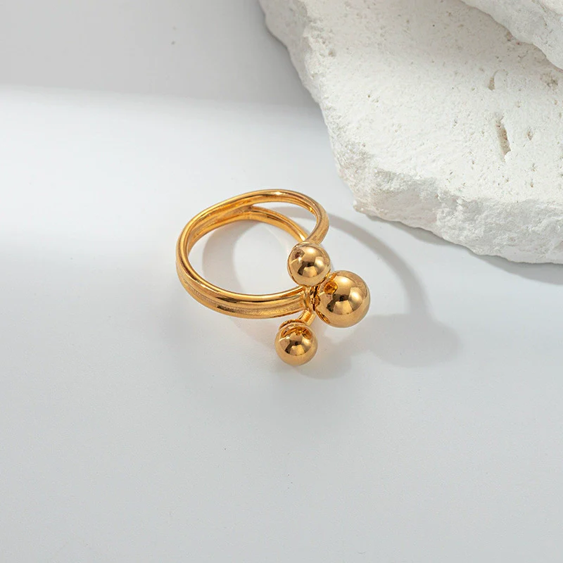 Stainless Steel Gold Beads Three Layer Design Electroplated Geometric Fashion Ring Accessories - Image 3
