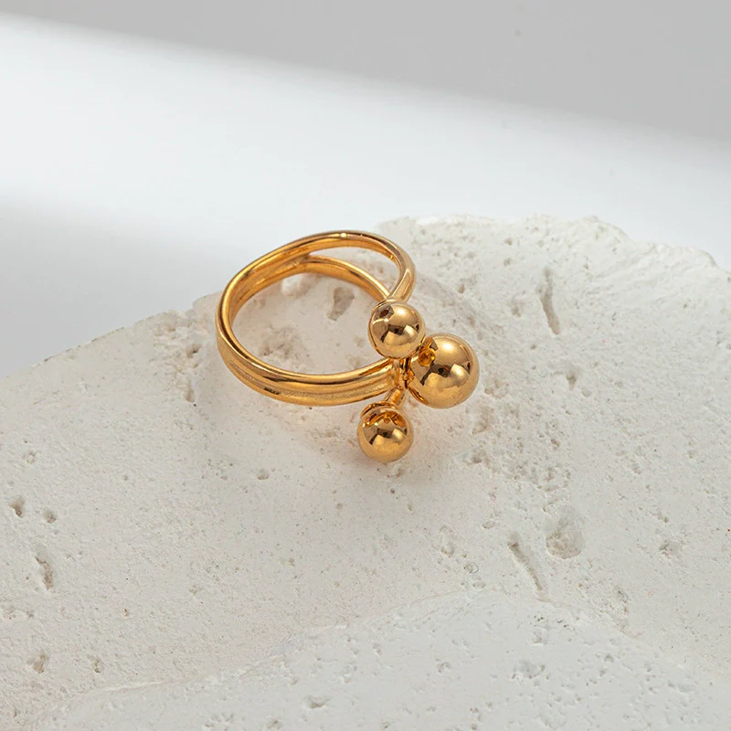 Stainless Steel Gold Beads Three Layer Design Electroplated Geometric Fashion Ring Accessories - Image 4