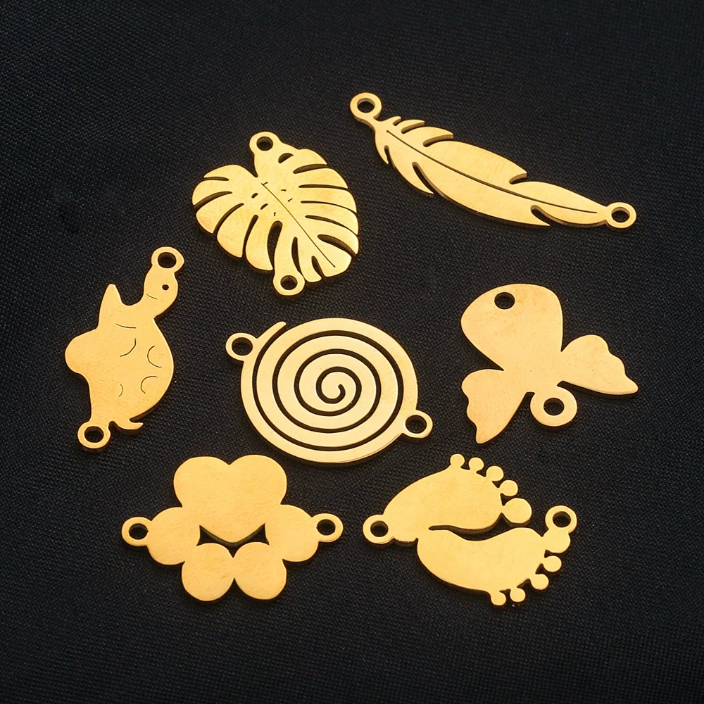 Stainless Steel Gold Plated Bear Paw Feather Dinosaur Double Hole Pendant Connector Jewelry Accessories Electroplated Cartoon Style - Image 3
