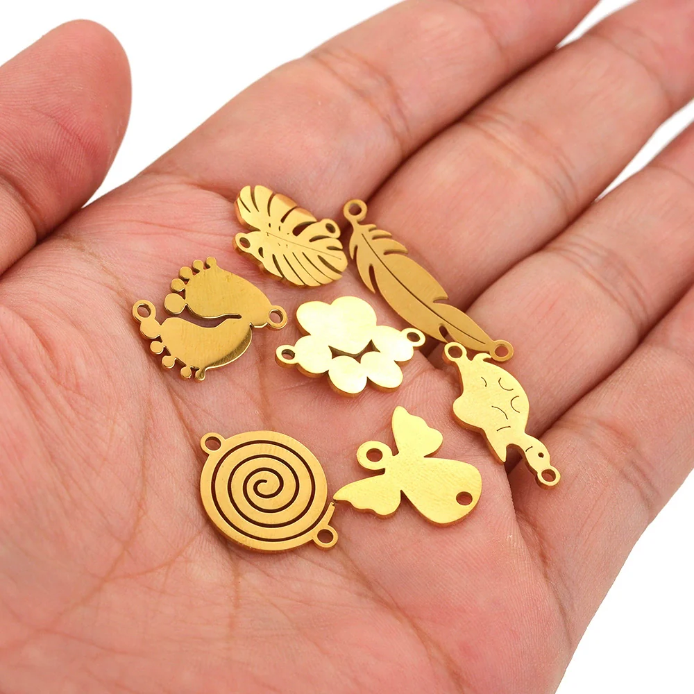 Stainless Steel Gold Plated Bear Paw Feather Dinosaur Double Hole Pendant Connector Jewelry Accessories Electroplated Cartoon Style - Image 4