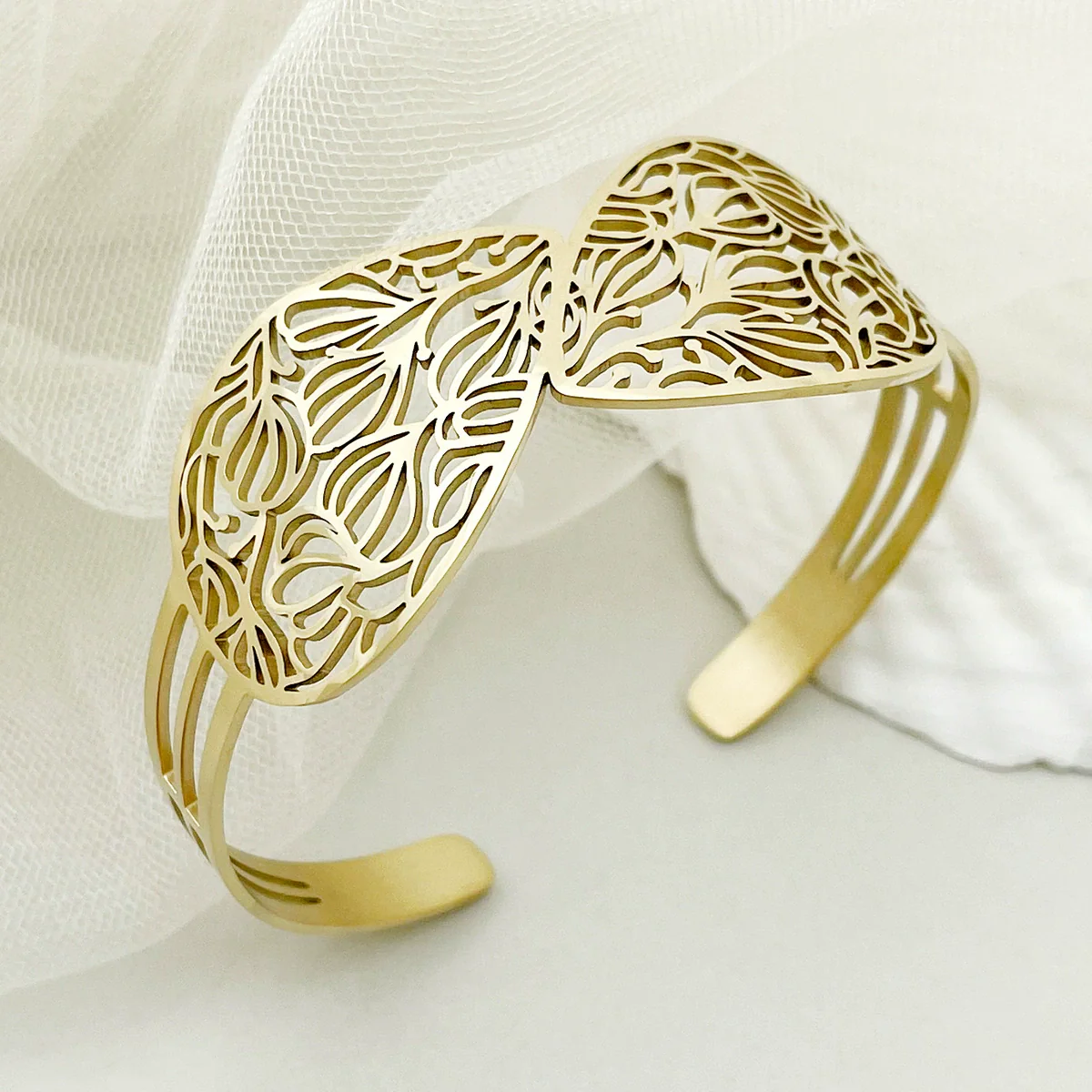 Stainless Steel Gold Plated Hollow Leaves Retro Bracelet For Women - Image 3