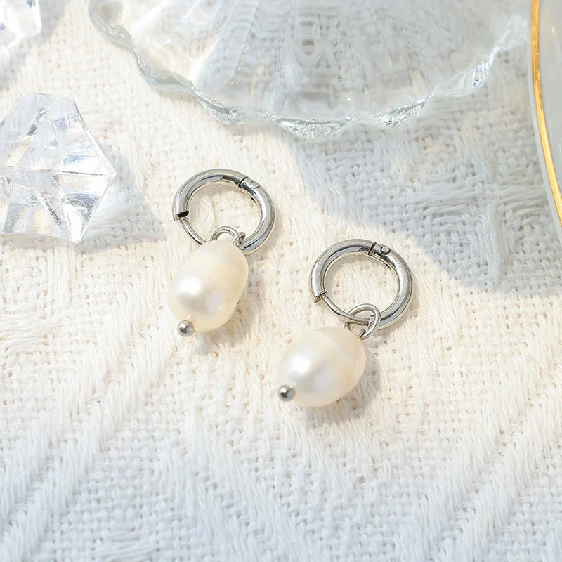 Stainless Steel Goldplated Freshwater Pearl Geometric Irregular Handmade Earrings Vintage Style - Image 6