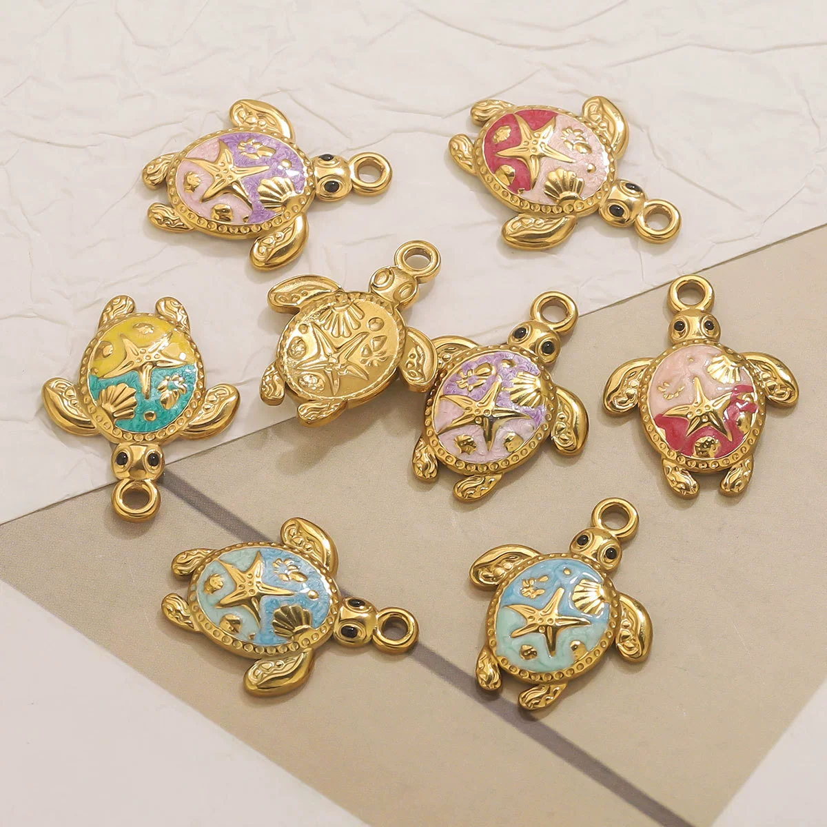 Stainless Steel Goldplated Handmade Turtle And Squareoval Pendant Jewelry Making Materials With Oil Dripping And Ocean Element Design
