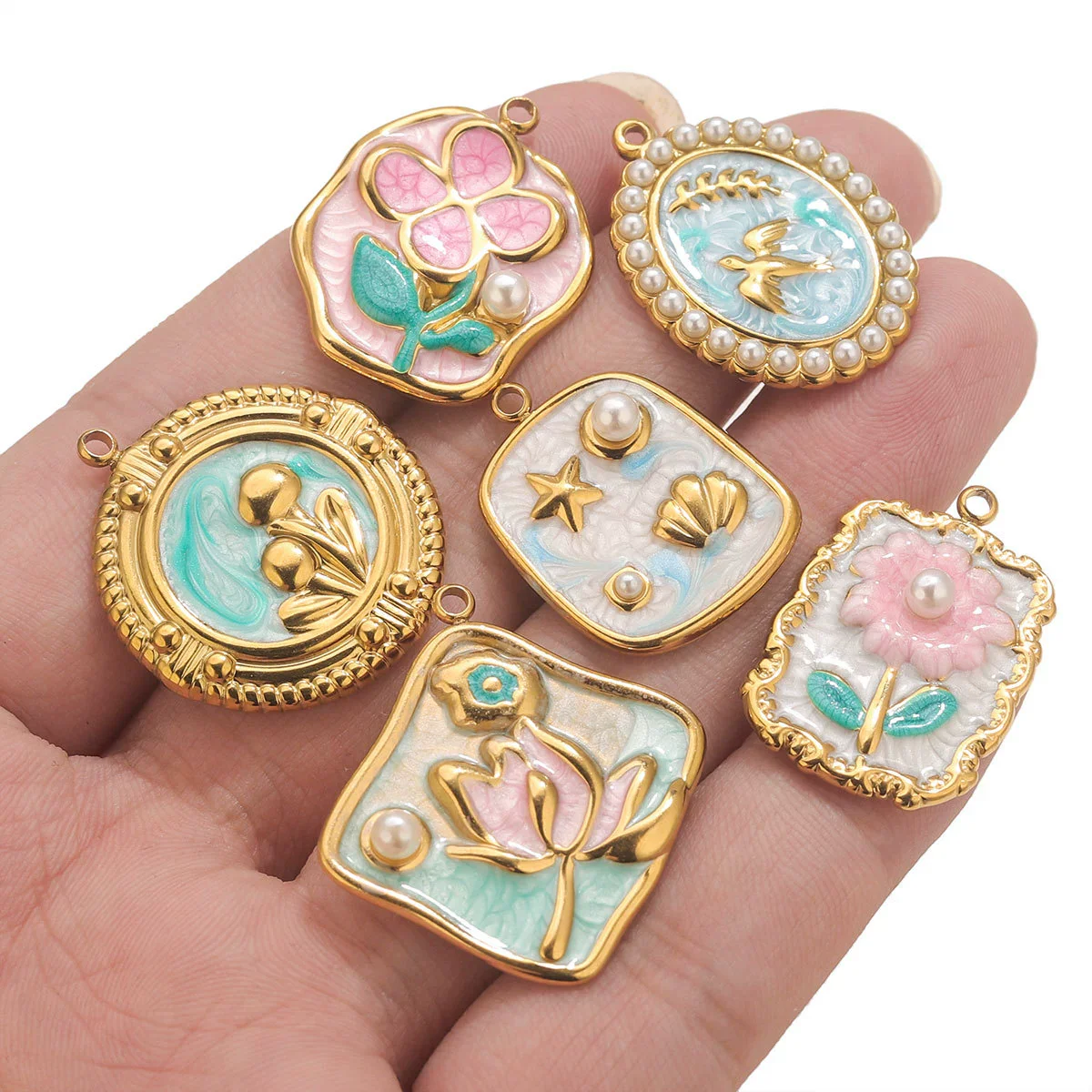 Stainless Steel Handmade Garden Oil Painting Round Wind Pendant Necklace And Bracelet Accessories With Electroplating - Image 3