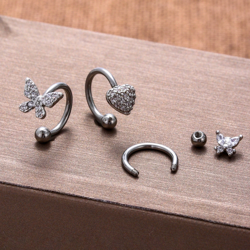 Stainless Steel Heart Shaped Micro Inlaid Zircon Butterfly Flower Bee Love Lip Ring Ear Bone Nail Cartilage Lip Piercing Jewelry With Electroplating - Image 2
