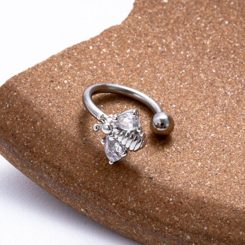 Stainless Steel Heart Shaped Micro Inlaid Zircon Butterfly Flower Bee Love Lip Ring Ear Bone Nail Cartilage Lip Piercing Jewelry With Electroplating - Image 4