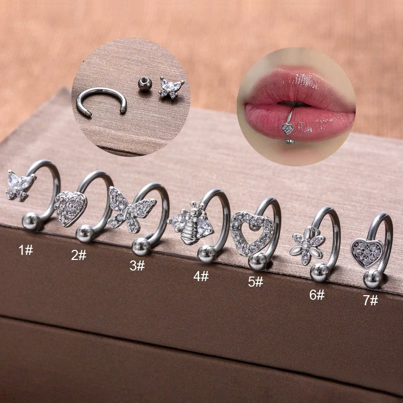 Stainless Steel Heart Shaped Micro Inlaid Zircon Butterfly Flower Bee Love Lip Ring Ear Bone Nail Cartilage Lip Piercing Jewelry With Electroplating - Image 6