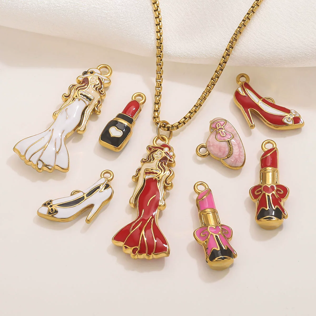 Stainless Steel High Heels Lipstick Oil Drop Charm Necklace Earring Accessories - Image 3