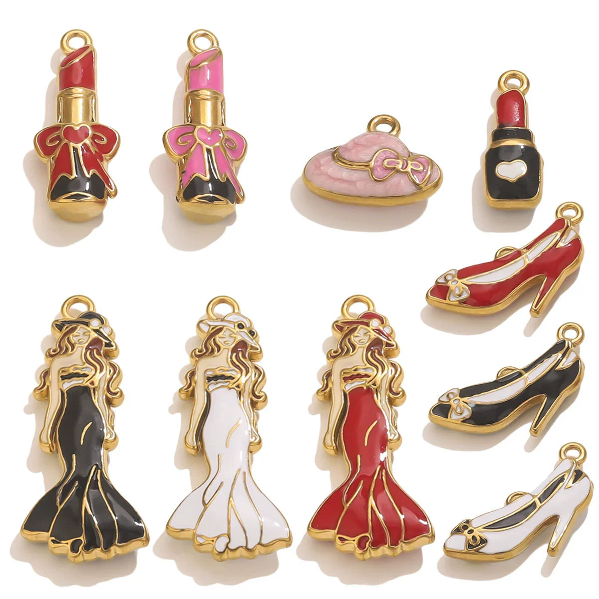 Stainless Steel High Heels Lipstick Oil Drop Charm Necklace Earring Accessories - Image 4