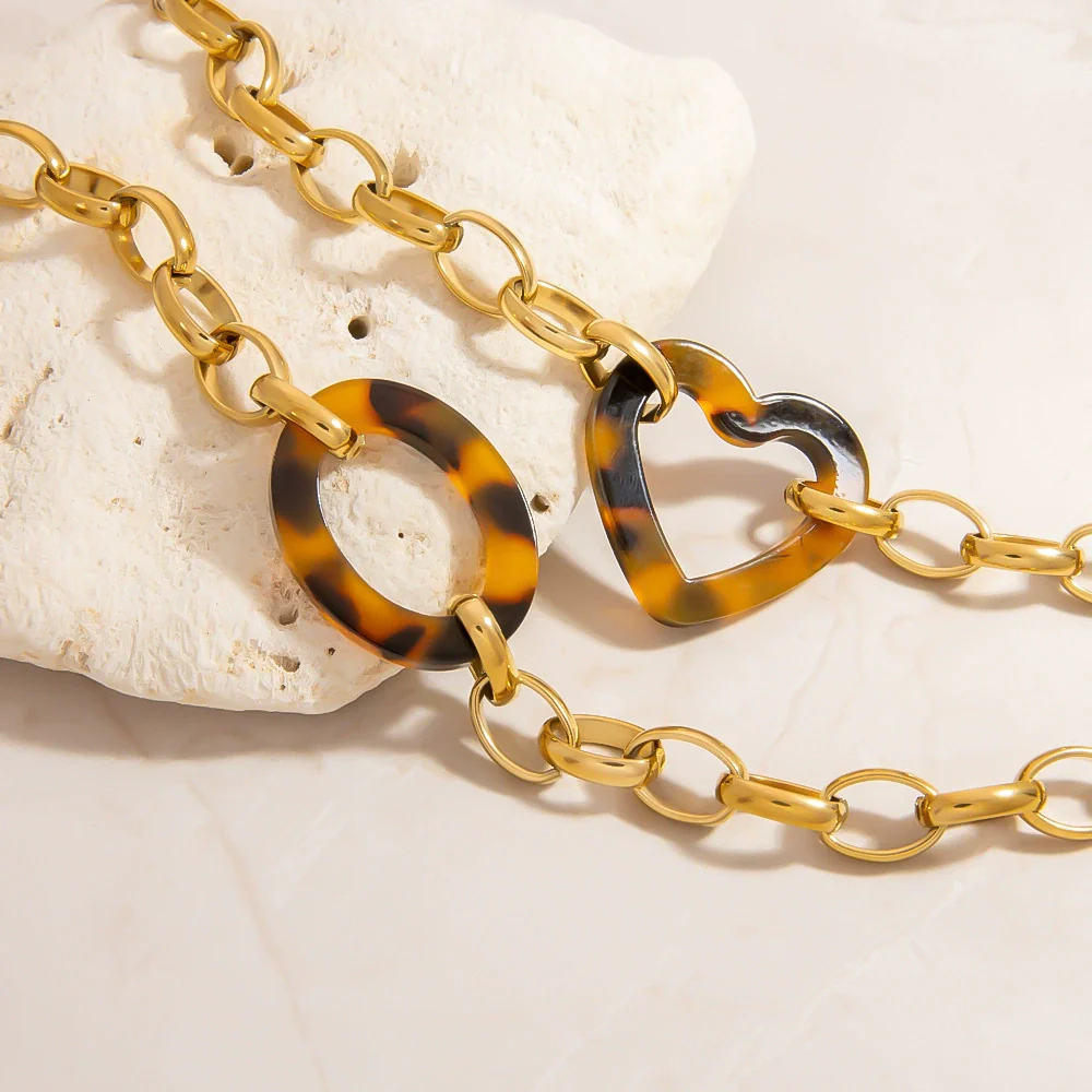 Stainless Steel Hiphop Bracelet With Geometric Leopard Print Heart Pendant Electroplated Style For Women