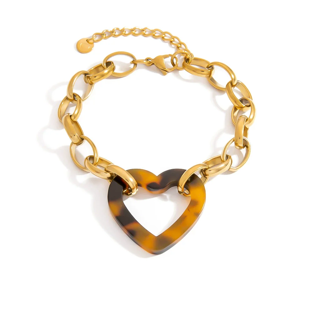 Stainless Steel Hiphop Bracelet With Geometric Leopard Print Heart Pendant Electroplated Style For Women - Image 5